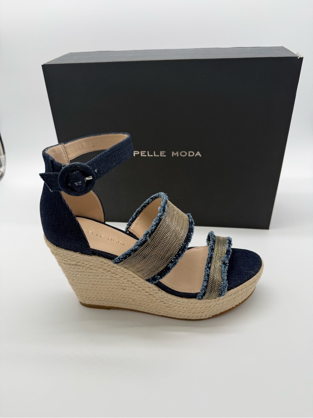 Pelle Moda Denim & Gold Espadrille Wedge Sandals NIB Indigo Denim